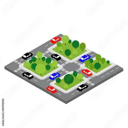 Isometric city intersection with cars and green spaces.