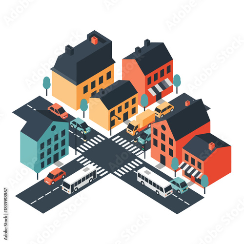 Isometric City Intersection with Buildings and Vehicles.