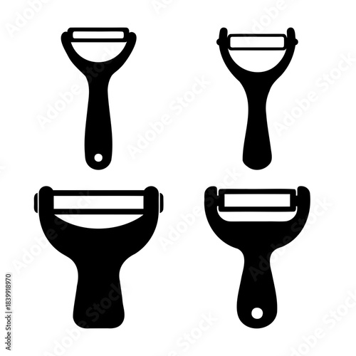 Vegetable fruit peeler kitchen utensil silhouette icon set