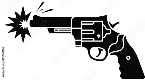 Black revolver firing with starburst muzzle flash on white
