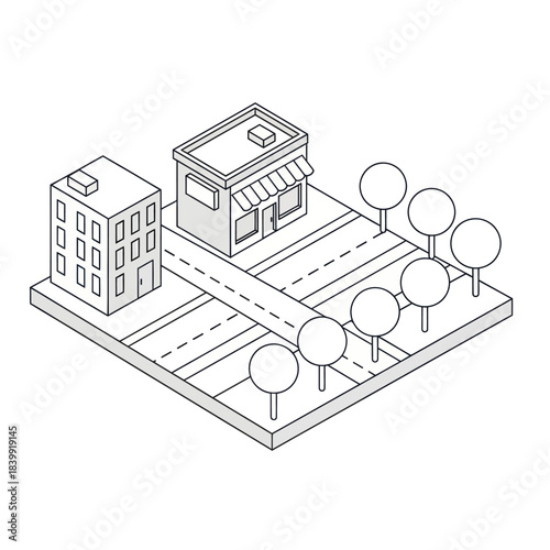 Isometric illustration of a city street with buildings and trees.