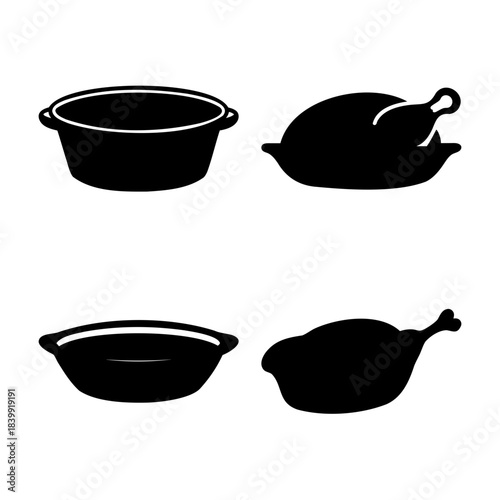 Kitchenware and roasted poultry dinner meal cooking icons.