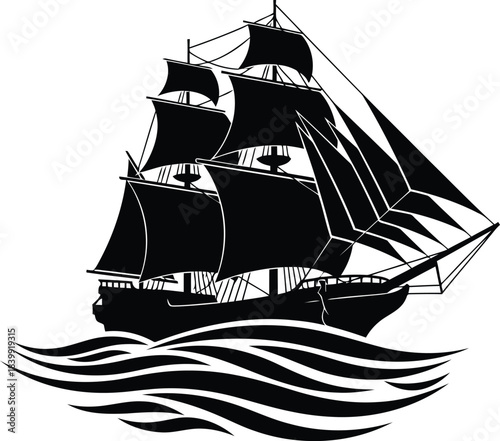 Black silhouette of a sailing ship on stylized waves