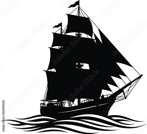Black silhouette of a sailing ship on wavy water black and white