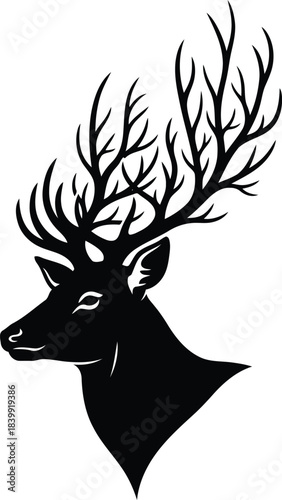 Black silhouette of a stag with large antlers on white background