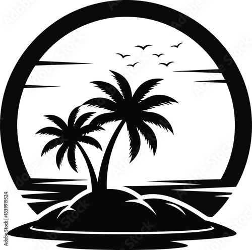 Black silhouette of palm trees on an island within a circle