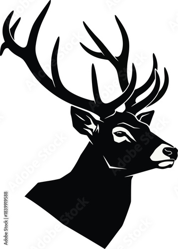 Black stag deer head with antlers profile vector illustration