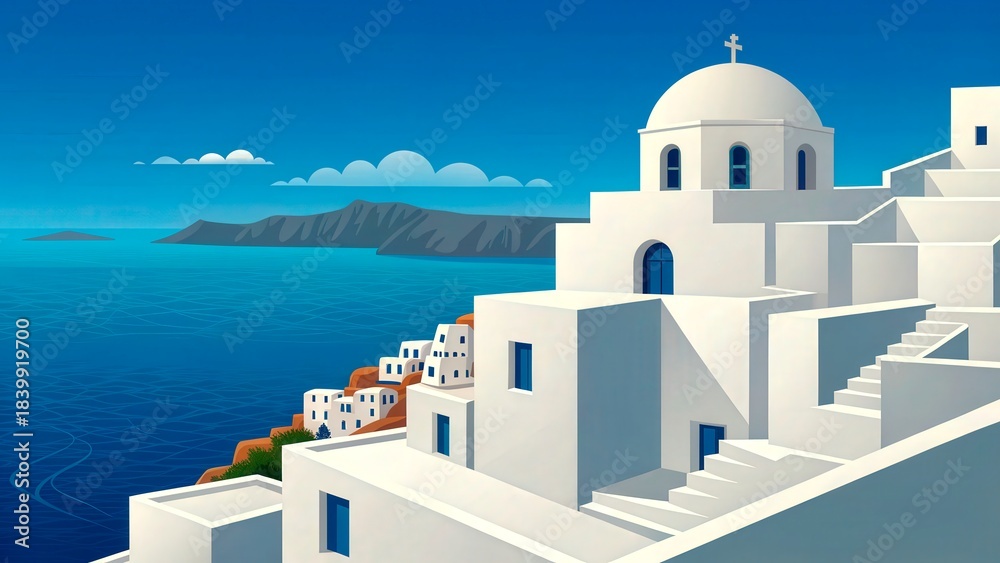 Obraz premium Bright white buildings overlook the blue sea in a stunning coastal scenery in Santorini, Greece during a sunny day
