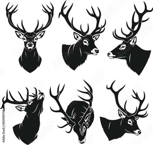 Six black silhouette deer heads with antlers on white background