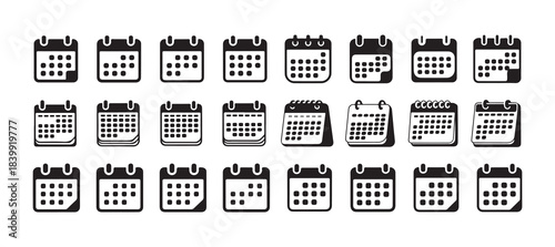 Collection of 21 black calendar icons in three rows showing various date arrangements and styles