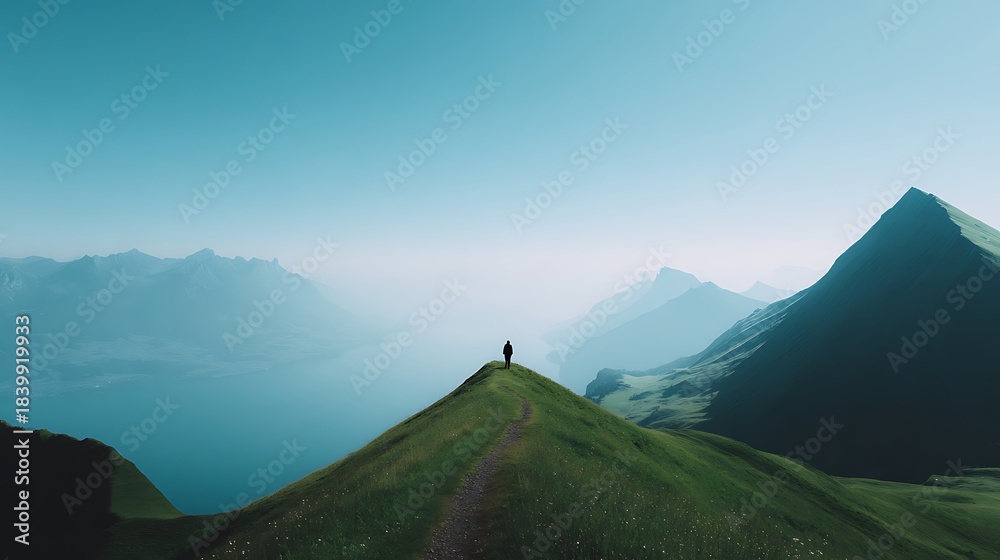 Fototapeta premium A solitary figure stands atop a lush green mountain ridge, gazing across a vast misty landscape