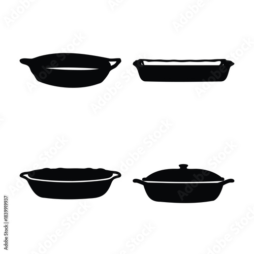 Baking dishes and casserole pots black silhouette vector set
