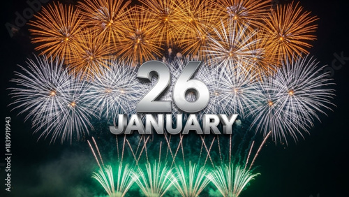 Celebrating the 26th of January with Fireworks: A vibrant display of fireworks illuminates the night sky, creating a spectacle of color and celebration on a significant date.