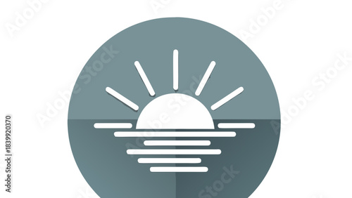 Stylized Silhouette of a Rising Sun Over Water Reflecting Gentle Rays of Light on a Calm Day Minimalist Graphic Design With Clean Lines and Flat Colors