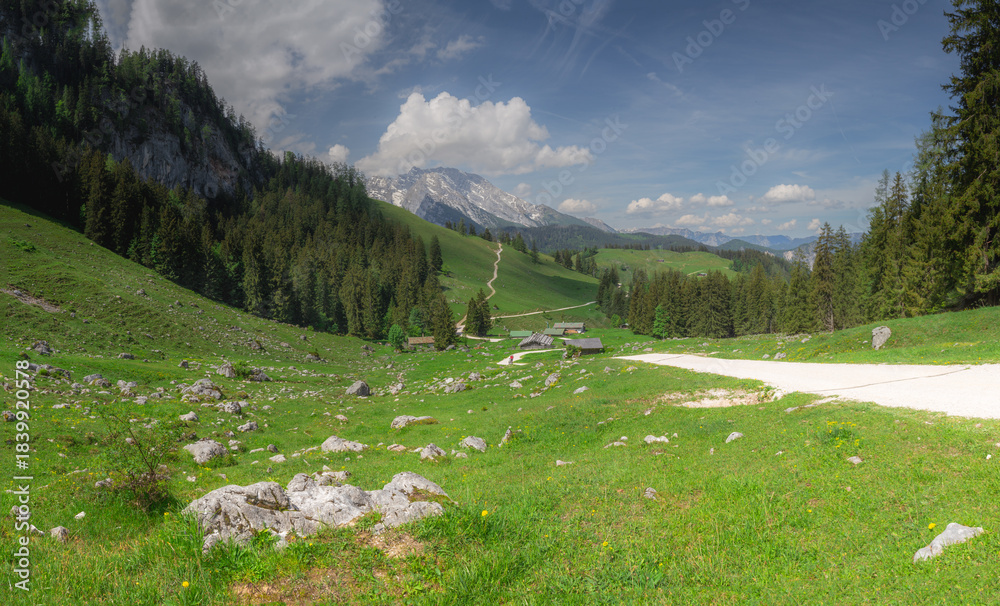 Fototapeta premium Mountain valley with tracks near Jenner mount in Berchtesgaden National Park