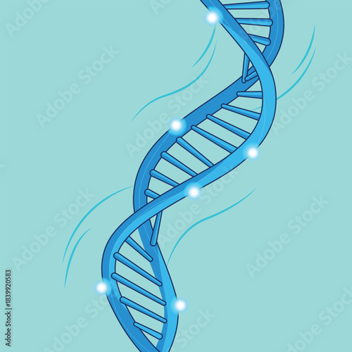Blue dna double helix structure illustration with glowing points on light green background
