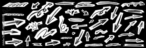 Handmade scrapbook arrow collection mixing bold scribble marks and rough paper textures. Arrow doodles, scrapbook pieces, sketched scribble trails and layered paper fragments create a crafty look.