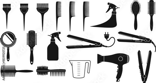 Collection of professional hairdressing tool silhouettes, including combs, brushes, straighteners, spray bottles, mirrors and salon accessories, vector barbershop equipment illustration set