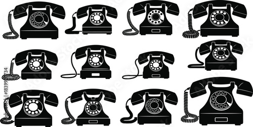 Collection of vintage rotary telephones, classic antique phone silhouettes with cords and dials, retro communication device icons for nostalgic technology vector illustration set