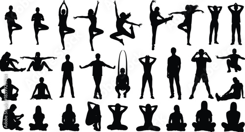 Extensive collection of dynamic fitness, yoga, and meditation silhouettes, including male and female figures in stretching, balance, jumping, and various calming seated and standing poses.