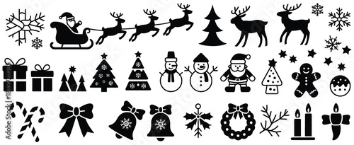 Christmas Holiday Icon Set – Santa, Reindeer, Gifts, Snowflakes, Trees, Bells, Wreaths, and Seasonal Symbols in Black Silhouette Style