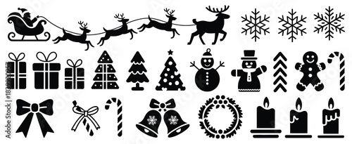 Christmas Holiday Icon Set – Santa, Reindeer, Gifts, Snowflakes, Trees, Bells, Wreaths, and Seasonal Symbols in Black Silhouette Style
