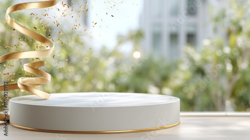 Podium with gold ribbon and confetti