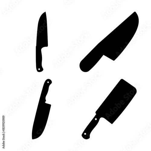 Set of black silhouette kitchen knife and chef's cleaver