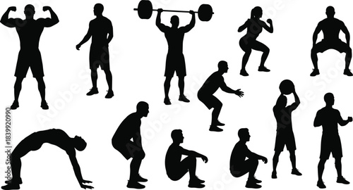 Extensive vector collection of fitness, yoga, and dynamic exercise silhouettes, featuring male and female figures in stretching, balance, seated meditation, and energetic active workout poses.