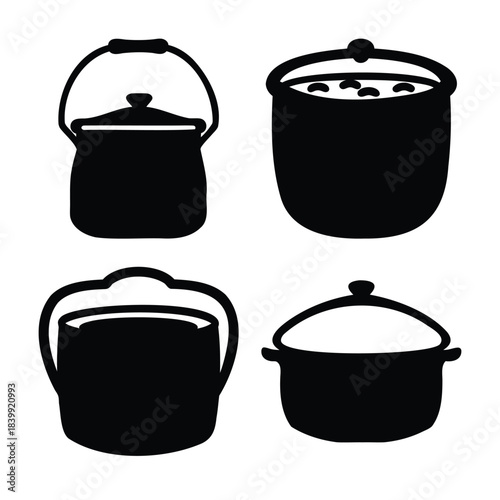 Set of various kitchen cooking pots and buckets in icon style