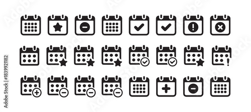 Set of calendar icons with check mark, star, minus, and cross symbols for scheduled events