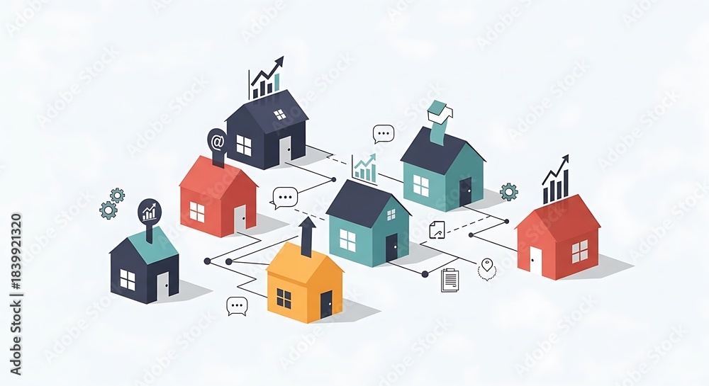 Fototapeta premium Isometric Connected Houses Representing Real Estate Network and Property Management.