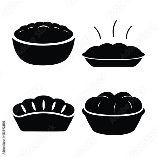 Cozy hot meals in bowls, a simple vector icon collection.