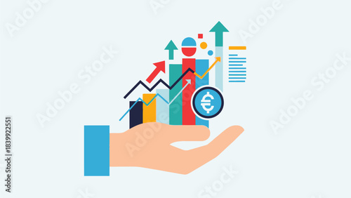 Financial Growth and Investment Success Illustrated with Hand Holding Upward Trending Bar Chart and Euro Symbol