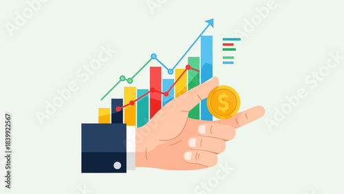 Financial Growth and Investment Success Hand Holding Coin with Upward Trend Graph
