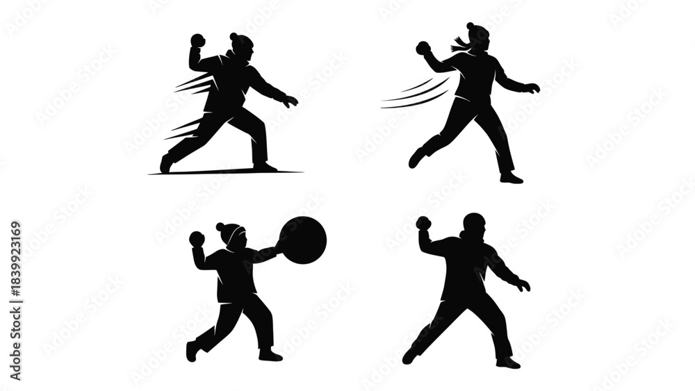 Obraz premium Set of four silhouettes of people throwing snowballs or objects
