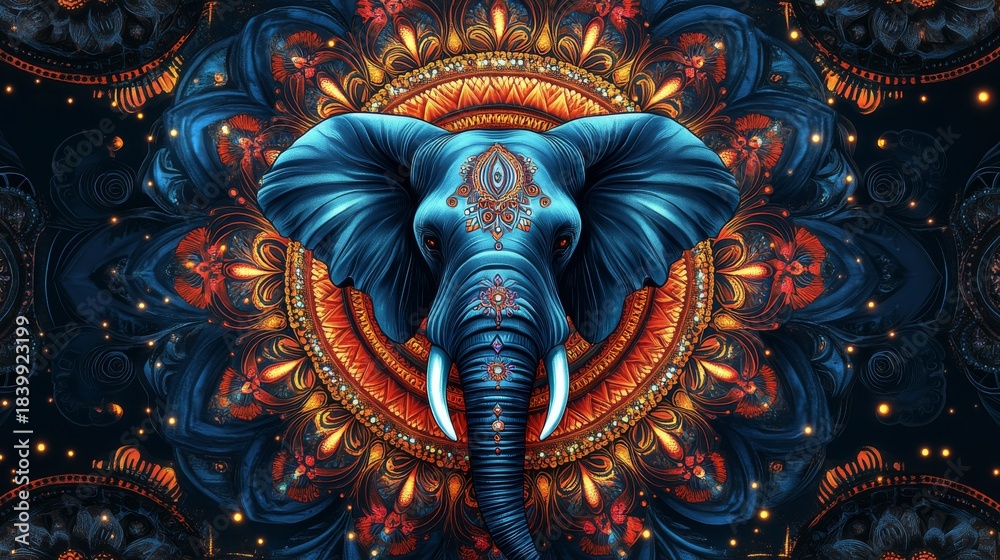Obraz premium ultra-realistic, highly detailed, 4K resolution, sharp focus., A geometric mandala with a central elephant, radiating outward with flower motifs and balanced patterns in every direction, Circular desi