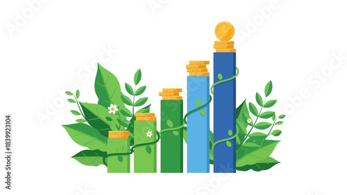 Sustainable financial growth concept with a bar chart surrounded by lush green foliage and golden coins, symbolizing prosperity and environmental responsibility