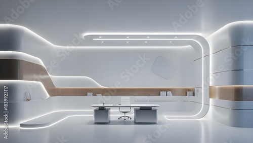 Minimalist futuristic office design featuring bright neon lighting.