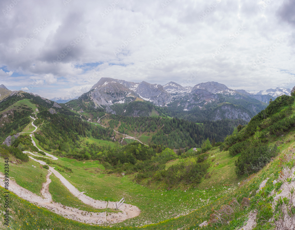 Fototapeta premium Mountain valley with tracks near Jenner mount in Berchtesgaden National Park
