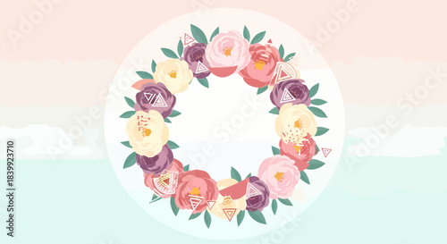 Elegant Floral Wreath With Geometric Accents Pastel Background
