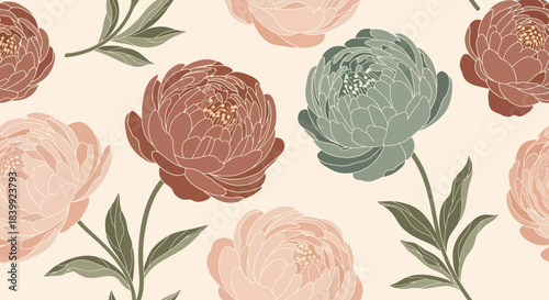 Elegant Seamless Floral Pattern With Pastel Colored Peonies