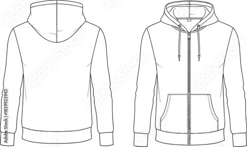 Hooded zip-up sweatshirt flat sketch, front and back view with kangaroo pocket, CAD drawing flat vector illustration template