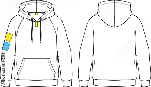 White hooded sweatshirt with colored patch accents, front and back view sketch, CAD drawing flat vector illustration template