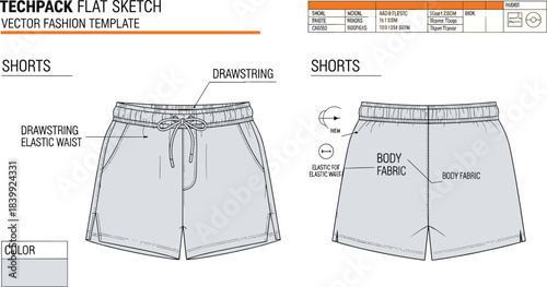 Shorts techpack flat sketch vector fashion template, front and back view, drawstring waist, CAD drawing flat vector illustration