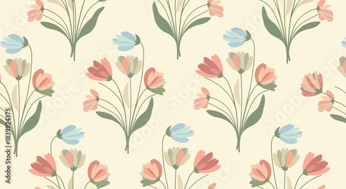 Seamless Floral Pattern With Pastel Colored Wildflowers And Green Leaves