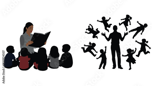Silhouette of teacher reading book to seated children and another silhouette of an adult with several jumping and playing children