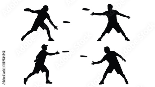 Four silhouettes of people throwing and catching a flying disc or frisbee