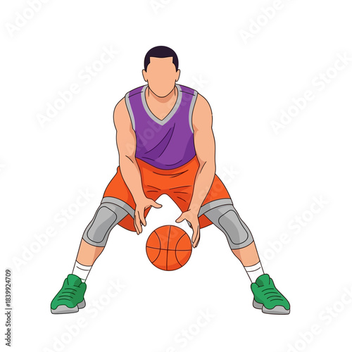 Basketball player illustration showcasing dribbling skills on court with dynamic stance athletic