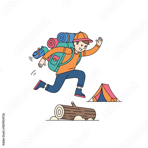 Joyful camper enthusiastically leaps over a log towards his colorful tent setup adventure awaiting